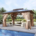 Aoxun 10'x12' Hardtop Gazebo, Aluminum Frame Permanent Pavilion with Light, Curtains and Netting, Outdoor Polycarbonate Gazebo, Double Roof Canopy, for Gardens, Patios, Lawns