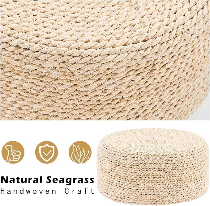 Cpintltr Ottoman Natural Seagrass Footrest Poufs Hand Weave Round Foot Stool for Couch Desk Soft Step Stool Padded Foot Rest with Pine Legs for Living Room Bedroom (Natural White)