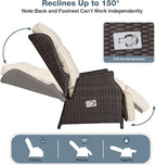 Outdoor Indoor Wicker Recliner with Adjustable Back and Footrest, Patio Reclining Chair with Flip-up Table, Outdoor Rattan Lounge Chair, Upgrade Beige