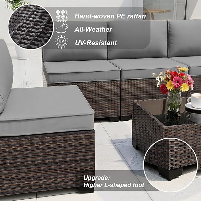 ALAULM Patio Furniture Set with Coffee Table, 7 Pieces Outdoor Sectional with Wide Seat and Thick Cushion, All Weather Wicker Rattan Conversation Set for Backyard, Garden, Deck, Grey