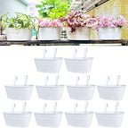 LaLaGreen Rail Planter Outdoor Plants (10 Pack, 11.8 Inch) White Metal Iron Hanging Flower Pots Deck Railings Fence Buckets Countryside Boho Style Wall Mount Window Box Plant Holder Hooks Porch Decor