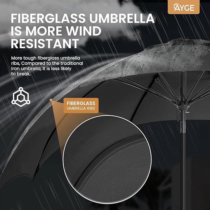 Ayge 9FT Large Outdoor Patio Umbrella Market Table Umbrella-UV Resistant, Easy Push Button Tilt and Crank, 8 Sturdy Fiberglass Ribs Heavy-Duty Pool Umbrella for Deck, Backyard,Garden,Black