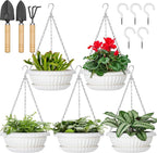 Hanging Planters, 5 Pcs 11" Hanging Pots, White Hanging Flower Pots, Hanging Plant Pots Baskets for Plants with Drainage Trays, Hanging Chains and Ceiling Hooks, Come with Free Garden Tools Set