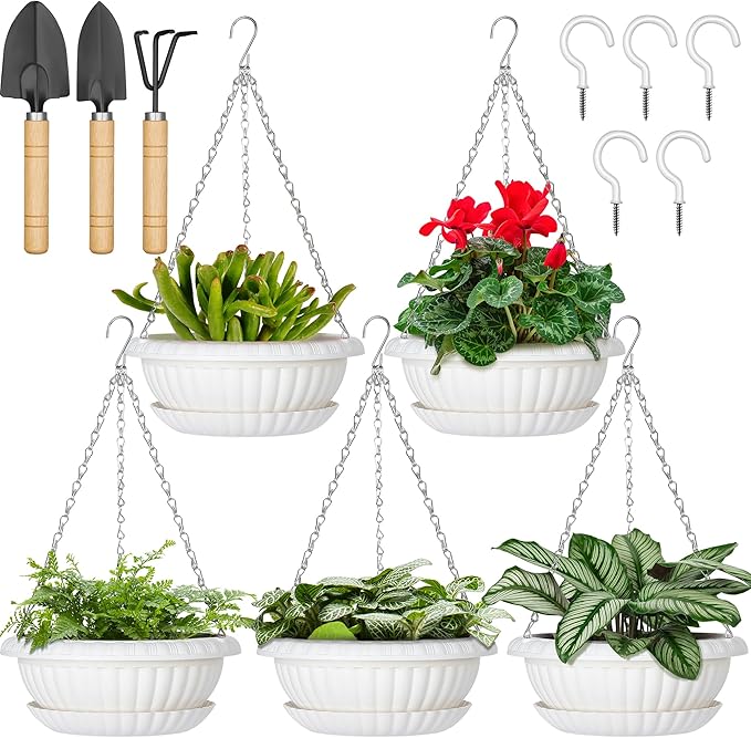 Hanging Planters, 5 Pcs 11" Hanging Pots, White Hanging Flower Pots, Hanging Plant Pots Baskets for Plants with Drainage Trays, Hanging Chains and Ceiling Hooks, Come with Free Garden Tools Set