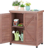Outdoor Storage Cabinet & Potting Bench Table with Metal Top, Wooden Patio Furniture, Garden Workstation (Royal Brown, 36x31x17in)