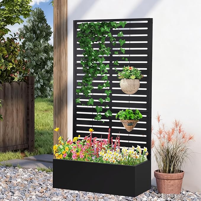 Metal Raised Garden Bed with Trellis,Planter Box for Climbing Plants, Vegetables & Vines, Features Drainage Holes and Privacy Screen.raised garden beds outdoor planters for porch (Black, 71"x35"x16")