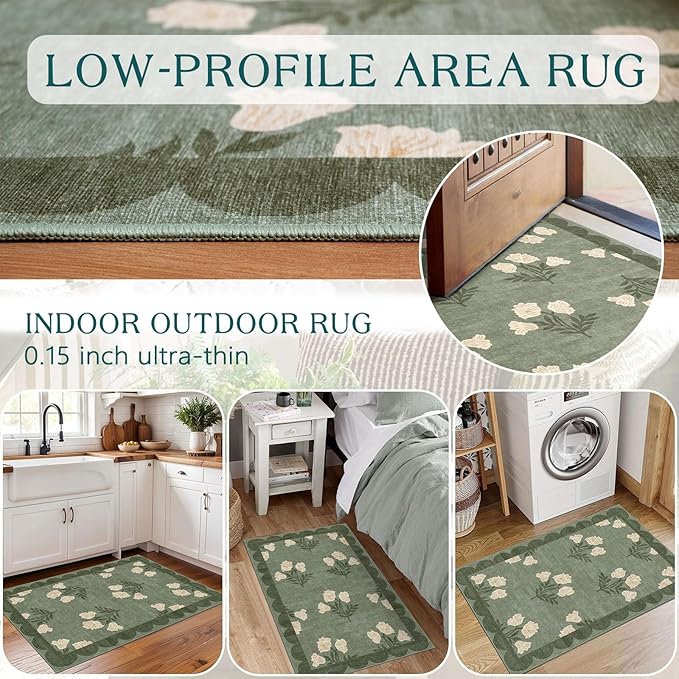 Outdoor Rugs Floral Door Mat in Sage Green, 2 x 3 Feet, Non-Slip