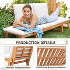 Devoko Outdoor Couch Acacia Wood Patio Couch with Adjustable Armrests, Outdoor Convertible Sofa with Removable Cushions & Pillows for Patio, Porch, Poolside(White)