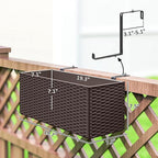 Outsunny Railing Planter Box (2 Pack, 20 Inch), Hanging Flower Pots with Hooks, Drainage Holes for Fence, Balcony, Garden, Patio, Rattan Look, Brown