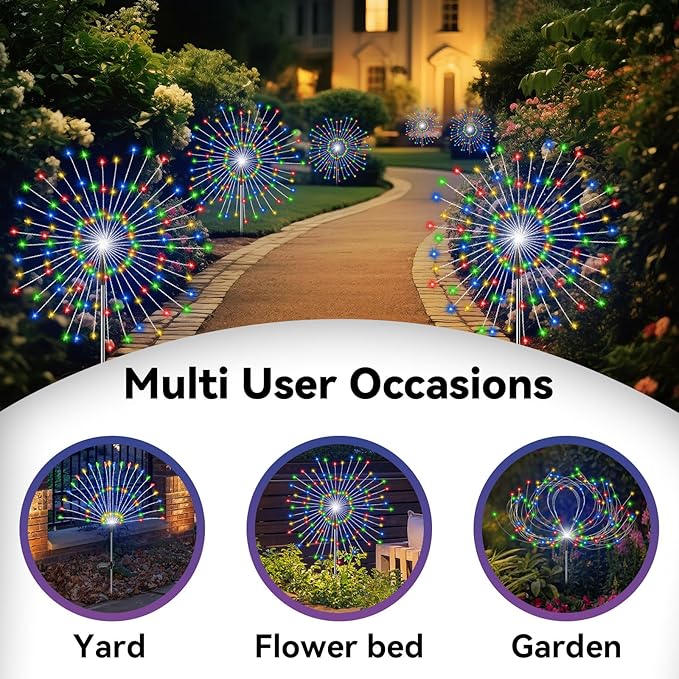 Garden Outdoor Lights, 2 Pack 120 LED Solar Garden Lights Fairy Lights Outdoor Waterproof Decorative Solar Firework Lights for Yard Patio Pathway Flowerbed Party Wedding Decor, Multicolor