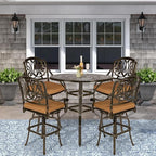 VIVIJASON 5-Piece Patio Swivel Bar Stools Set, All Weather Cast Aluminum Outdoor Bar Height Bistro Set with 4 Cushioned Bar Chairs & 38.5" High Bar Table w/Umbrella Hole for Backyard, Lawn, Garden