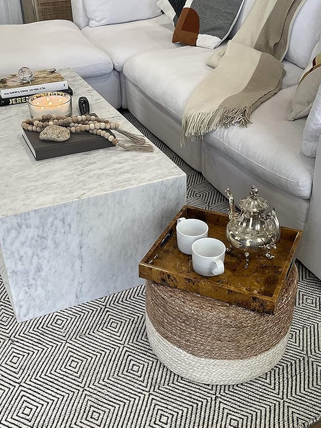Scandilivin Homes Pouf Ottoman - 100% Jute Braided Footrest Pouf Hand Knitted Traditional Cord Boho Pouffe for Living Room, Bedroom, Nursery, Patio, Lounge Colorblock - Natural Ivory (20”x20”x10”)