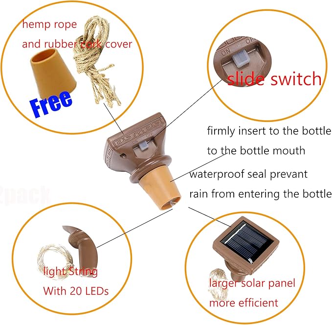 Solar String Lights for Wine Bottles, 12 Pack, Warm White, Waterproof