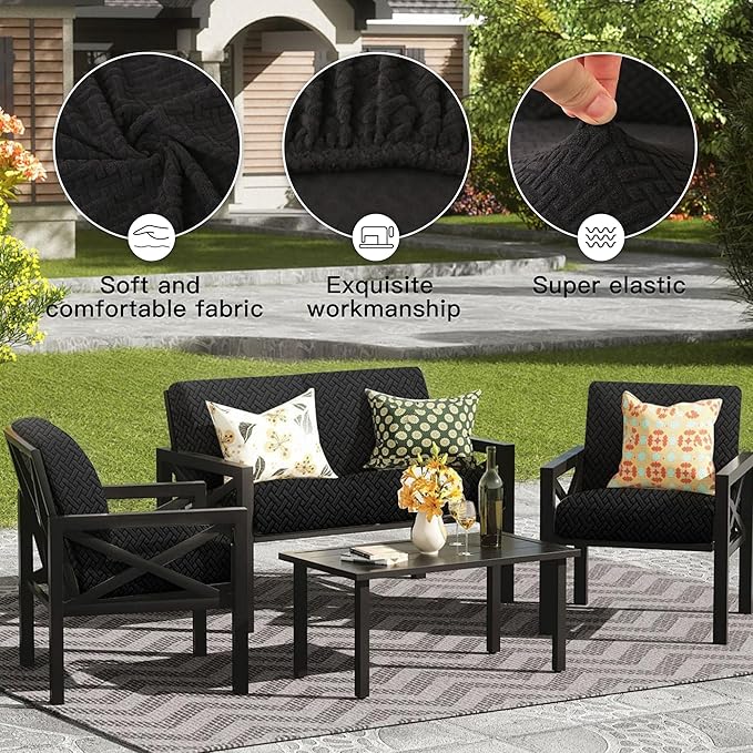 Outdoor Cushion Covers, 8-Piece Black Set with Water-Repellent Polyester Blend