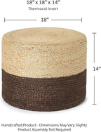 REDEARTH · Cylindrical Pouf Foot Stool Ottoman - Jute Braided Pouffe Poof Accent Sitting Footrest for Living Room, Bedroom, Nursery, Patio, Lounge & Other Rooms (Natural Acorn, 18"X18"X14")