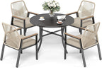 5 Pieces Patio Dining Set, 4 x Woven Rattan Chairs with Waterproof Cushion, 42” Metal Round Dining Table with Umbrella Hole, Outdoor Table and Chairs Set for Backyard Lawn and Deck, Beige