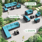 ALAULM Patio Furniture Set with Coffee Table, 7 Pieces Outdoor Sectional with Wide Seat and Thick Cushion, All Weather Wicker Rattan Conversation Set for Backyard, Garden, Deck, Turquoise