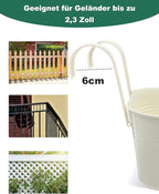 Metal Railing Planters for Outdoor Plants - 5 Pcs Balcony Hanging Flower Pots with Detachable Hooks & Drain Holes, Windowsill Oval Hanging Bucket Pots Fence Planters for Garden Home Decor, Cream White