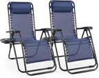 Sweetcrispy Zero Gravity Chairs, Set of 2 Portable Recliner Beach Camping Patio Outdoor Folding Lounge Chair with Cup Holder Trays and Adjustable Pillow for Poolside, Garden, Backyard, Lawn (Blue)