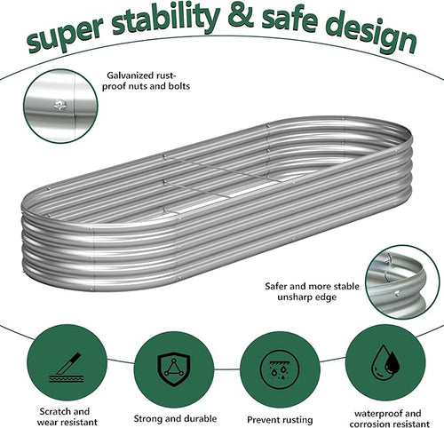 2PCS 8x2x1FT Galvanized Raised Garden Bed Kit,Vegetable Boxes-Oval Metal Flower Box,Large Planter Raised Beds Outdoor Garden for Planting,Fruit,Herb-Silver