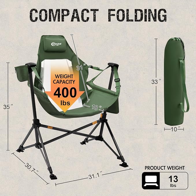Hammock Camping Chair with Mesh Back, 400 lb Capacity, Green