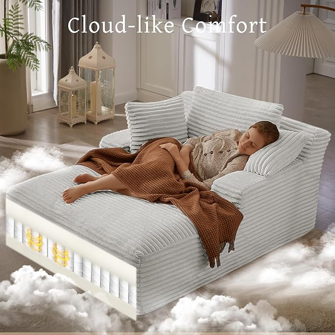 66" Chaise Lounge Chair Indoor, Oversized Boneless Couch Comfy Upholstered Sleeper Sofa Bed with 3 Pillows, Corduroy Cloud Reading Chair for Living Room No Assembly Required, Light Grey