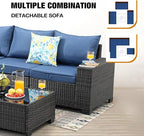 7 Pieces Patio Furniture Set All-Weather Outdoor Wicker Sectional Conversation Sofa Rattan Patio Seating Sofa with Cushion and Glass Table and Ottoman for Porch Poolside,Navy