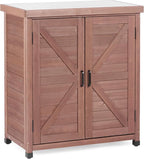 Outdoor Potting Bench with Storage Cabinet and Metal Top, Wood Workstation for Outdoor Patio, Garden (Coffee Brown, 31x17x36‘’)
