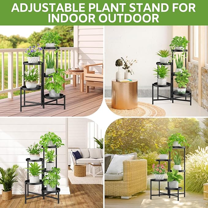 iDavosic.ly 5 Tier Large Plant Stand with Garden Tools, Tiered Corner Metal Indoor Outdoor Flower Display Holder Shelf with 10 Inch Wide Tray, Folding Tall Rack for Patio Porch Living Room, Black
