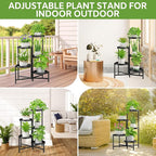 iDavosic.ly 5 Tier Large Plant Stand with Garden Tools, Tiered Corner Metal Indoor Outdoor Flower Display Holder Shelf with 10 Inch Wide Tray, Folding Tall Rack for Patio Porch Living Room, Black