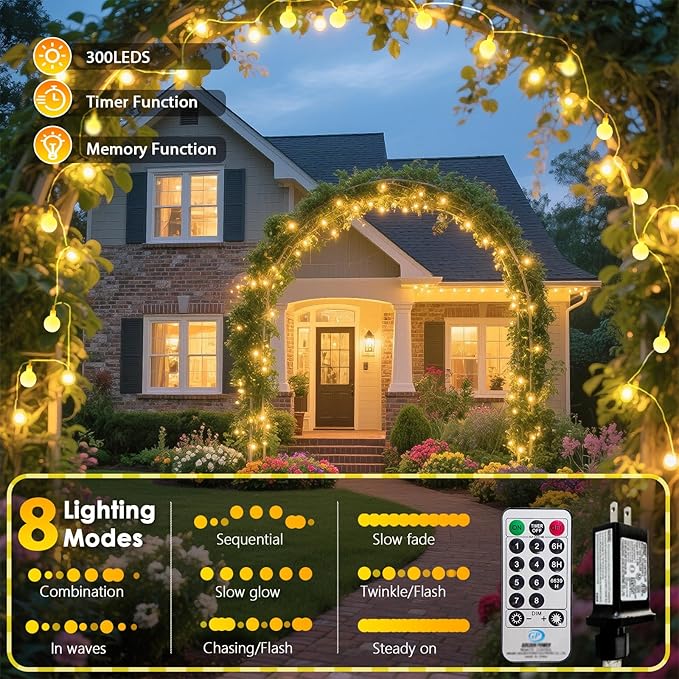 String Lights Warm White LED Globe, 300 Bulbs 108ft Connectable