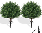Artificial Cypress Topiary Tree with Ground Spike, Set of 2 Artificial Shrub Bushes, Fake Evergreen Tree for Porch, Artificial Plants for Outdoor Planters Indoor UV Resistant