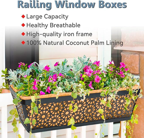 2 Pack 24" Railing Planter Window Box Deck Balcony Rail Planter Black Metal Flower Basket Horse Trough Planters with Coco Fiber Liner for Porch Fence Patio Outdoor