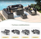 Aoxun 11 Piece Patio Furniture Set with 44” Fire Pit Table Wicker Rattan Outdoor Sectional Sofa Set with Coffee Table and Thickened Cushions, Grey/Black (Waterproof Cover Included)