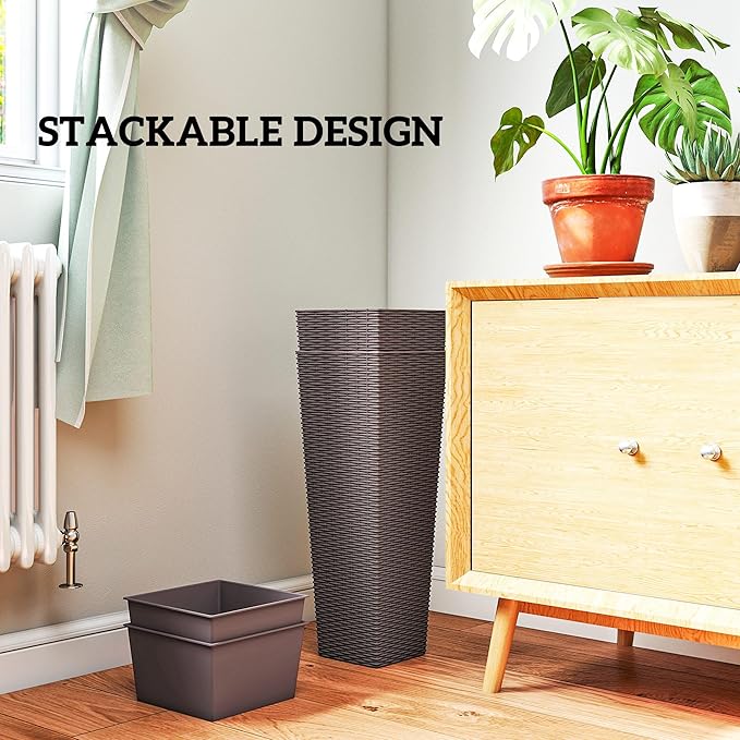 Outsunny 23.6 Inch Tall Planters for Outdoor Plants, Set of 2 Plastic Rattan-Like Flower Pots with Drainage Holes, Stackable Tapered Planters for Indoor Plants, Front Porch, Brown