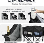Double Camping Chair Loveseat - 2 Person Oversized Camping Couch for Adults Padded Heavy Duty Outdoor Lawn Beach Portable Folding XL Chairs with Cup Holders and Carry Bag Support 600lbs, Black/Grey