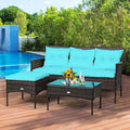 3-Piece Turquoise Patio Conversation Set with Wicker Sofa and Glass Table
