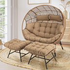 NICESOUL Double Egg Chair with Footstools & Cushions, Oversized Wicker Boho Chair Extra Large with Footrests Stationary 2 Person Loveseat Comfort Deep Seating for Indoor Outdoor