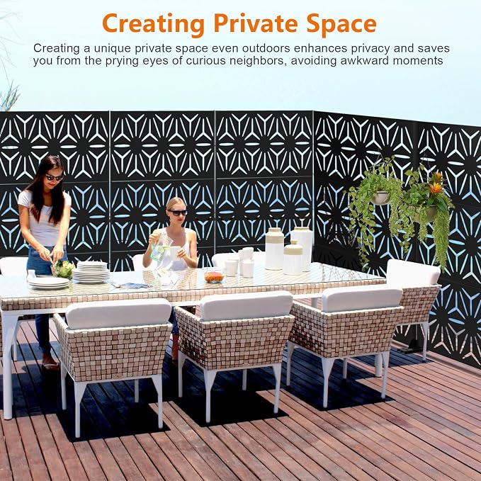 Decorative Fence Privacy Screen, 3-Panel Black Steel, 72 in Tall