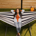 Vivere Double Sunbrella Hammock with Space-Saving Steel Stand, Heavy-Duty Portable Outdoor Hammock Set for Backyard, Patio, or Travel, Harbor