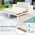 LUMISOL Outdoor Patio Daybed Metal Daybed with Cushions and Wood Topped Side Spaces for Drinks, 2 in 1 Padded Chaise Lounges for Poolside, Balcony, Deck, Beige
