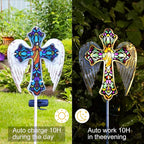 YJFWAL Solar Glass Cross Garden Stake Light, Cemetery Decorations for Grave Outdoor Lights, Easter Jesus Cross Angel Wings Sympathy Memorial Gifts, for Garden Lawn Yard Patio Decor