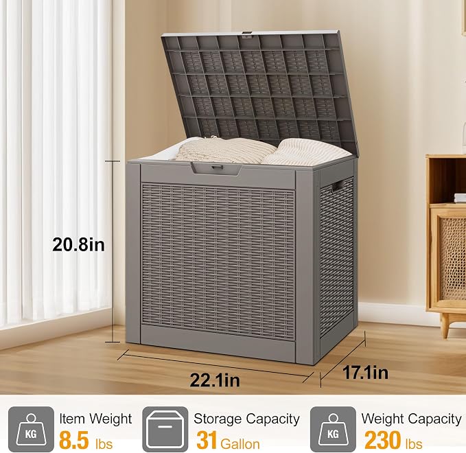 Outdoor Storage Deck Box, 30 Gallon Resin, Waterproof, Lockable Lid