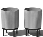 Veradek Demi Series Round Planter w/Stand for Porch/Patio | Durable Plastic-Stone Composite & Wooden Stand | Modern Décor for Tall Plants, Flowers