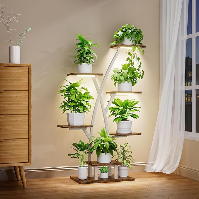 Plant Stand Indoor with Grow Lights - 7 Tiered Plant Shelf Indoor, Corner Plant Stands for Indoor Plants Multiple, 42" Metal Plant Shelves, Plant Flower Holder Display Rack for Home Patio Balcony White
