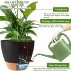 2 Pack 10 inch Plant Pots, Plastic Self Watering Planters with Drainage Holes, Deep Reservoir, Water Level Indicator, Modern Decorative Flower Pots for Indoor Outdoor Plants (Black, 10 inch)