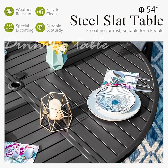 Sophia and William Patio Dining Set for 6, Outdoor Table and Chairs, Removable Seat Cushions, Black 54" Round Patio Dining Table,Blue