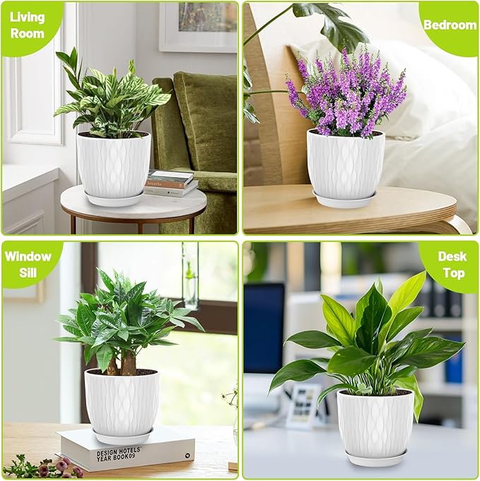 Plastic Plant Pots 10/9/8/7.5/7 inch Set of 5, Flower Planters with Drainage Holes and Saucers, Plastic Pots for Indoor Outdoor Plants, Livingroom Garden Decor (White)