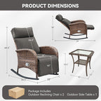 3 Pieces Zero Gravity Wicker Patio Rocking Recliner Chairs Set of 2 - Wicker Outdoor Lounge Chair with Side Table, Adjustable Backrest & Footrest, High Back Outdoor Recliner Chair for Pool Deck Gray