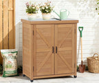 Outdoor Potting Bench with Storage Cabinet and Metal Top, Wood Workstation for Outdoor Patio, Garden (Light Brown, 31x17x36‘’)
